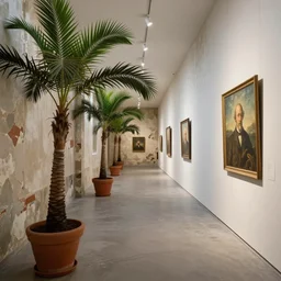a long corridor inside a James Turrell exhibit, with potted palm trees, decaying walls, Caspar David Friedrich painting