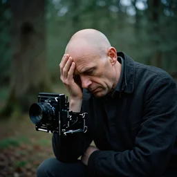 A depressed man, British, bald, wrinkles, f2.8, photograph, award-winning, large format, outdoor, near a forest, dramatic