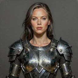 a photorealistic painting of Charlize Theron, partially clothed in metal-plated battle armor, olive skin, long dark hair, beautiful bone structure, symmetrical face, perfect eyes, intricate, elegant, digital painting, concept art, illustration, sharp focus, minimal artifacts, from Metal Gear, in the style of Ruan Jia and Mandy Jurgens and Greg Rutkowski, trending on Artstation, award winning
