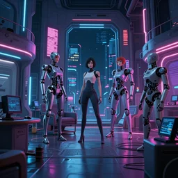 interior shot ready player one ,apartment, nightime, scifi , futuristic, neon, robots, women, neon lights, by james gurney and katsuhiro otomo