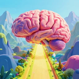 mind exploration, vivid abstract landscape, mountains in background, brain like structures, main path is visible and energetic, large scale dimentional photo