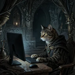 [Dark medieval illustration of a cat watching youtube on a computer]
