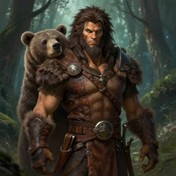 Full body Portrait of grown male Beast Master, with dark brown messy hair, taned skin, green eyes, leather hunting attire, with a companion bear, visible face, magical forest in the background, D&D, DND, extremely detailed, detailed face, modest, high fantasy, matte painting, by artgerm and Craig Mullins, James Jean and Clyde Caldwell, trending on artstation artstationHD, artstationHQ, cgsociety, HD 16K, octane