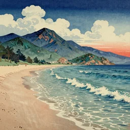 Breath-taking beautiful beach, mountains, An aesthetically pleasing, dynamic, energetic, lively, complex, intricate, detailed, well-designed digital art of beach, mountains, clouds, ripples, waves, light and shadow, overlaid with aizome patterns, Shin-hanga by Thomas Kinkade and Bob Ross, traditional Japanese colors, superior quality, masterpiece, featured, trending, award winning, HDR, HD, UHD, 4K, 8K, anamorphic widescreen