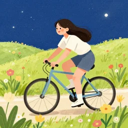 happy beautiful female drawn image cycling through interstellar flowers field