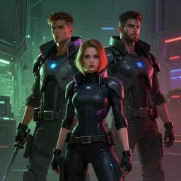 New team members of Blade Runners, looking by big brother, cyberpunk style, digital painting, artstation, concept art, smooth, sharp focus, hyperrealistic, illustration, artstation trending, octane render, unreal engine, ambient light, dynamic lighting, magical, dark vibes, green, purple and red colors