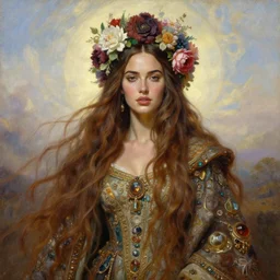 portrait oil painting, a beautiful young megan fox, floral headdress, flowers, long flowing hair, ornate robe, ultra realistic, wide angle, intricate details, artifacts, luminous skies, highly detailed, michael cheval, peter mohrbacher, boris vallejo, jessica rossier, oil painting, highly detailed, cinematic lighting