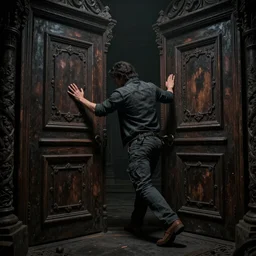 knocked on the doors of hell's darker chamber pushed to the limit, we dragged ourselves in photorealism 4 k hyperdetailed