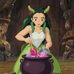 a wholesome animation key shot of a Medusa cooking a magic potion in her cauldron with rock sculptures around the room, medium shot, waist up, studio Ghibli, Pixar and Disney animation, sharp, Rendered in Unreal Engine 5, anime key art by Greg Rutkowski, Bloom, dramatic lighting, J. C. Leyendecker