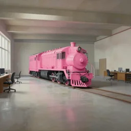 eautiful hyperrealistic painting of an empty drab office interior room with low hung ceilings. striking bright pink locomotive inexplicably in the center. art by tyler edlin and dan mumford and jean - francois millet. look at that detail. trending on behance, featured on artstation, cinematic lighting, 3 5 mm, 4 k, 8 k.