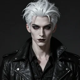 a handsome man, short white hair, goth, intricate, elegant, dramatic lighting, gorgeous face, black leather jacket, highly detailed, lifelike, photorealistic, digital painting, artstation,  illustration, concept art, smooth, sharp focus, art by John Collier and Albert Aublet and Krenz Cushart and Artem Demura and Alphonse Mucha