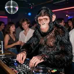 high detailed photo of homoerectus, ape man work as dj and bartender in 8 0 s disco club. they look at the camera and smile. in crowded pub. hyper detail. flash from the camera. kodak etkar 1 0 0