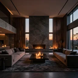 a very dark dreamy modern luxury maximalist living room, candlelight, sunset glow, dark shadows, wood concrete marble finishes symmetrical wide shot low angle