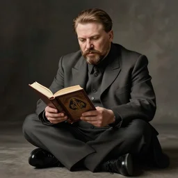 lotus pose, hyperrealistic photo of stalin reading a book sacred biborane, muted color, deep shadows and light, super detail, very detailed drawing, 8 k, cinematic lighting, epic composition, stylization for real life, stylization for social realism, fashionable art station, very high detail, stunning, hdr, smooth, clear focus, high resolution, award - winning photography, slr camera, 5. 0 mm