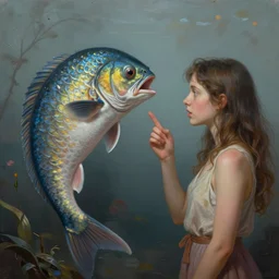 a surreal matte painting of a half man half fish talking to a woman, in the style of esao andrews, mark ryden, digital painting, photorealistic, ornately detailed, unreal engine, extremely detailed masterpiece, illustration, trending on artstation