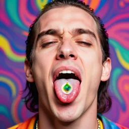 a colorful vibrant closeup portrait of a gene simmons licking a tab of lsd acid on his tongue and dreaming psychedelic hallucinations, by kawase hasui, moebius, edward hopper and james gilleard, zdzislaw beksinski, steven outram colorful flat surreal design, hd, 8 k, artstation