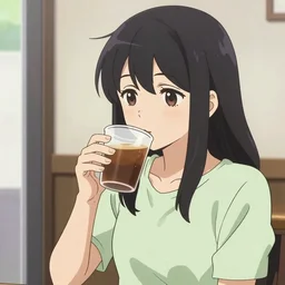 Woman drinking coffee, anime still