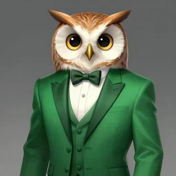 a half human half owl creature wearing a green tuxedo suitCharacter design by charlie bowater, ross tran, artgerm, and makoto shinkai, detailed, inked, western comic book art, 2021 award winning painting,digital art,ultra realistic,ultra detailed,art by greg rutkowski,hyperdetailed,photorealistic