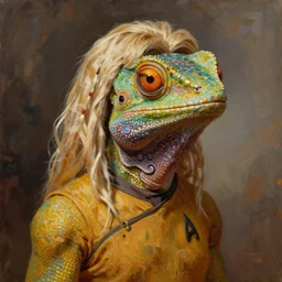 oil painting portrait of a lizard person, a gorn from star trek, wearing a blonde wig in a movie poster for gone with the wind