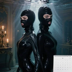 two beautiful female body silhouette, beautiful acrylic fluid portrait, photography by amy leibowitz and filip fedorov, black latex female balaclava, female calendar, ballerina body covered with black water, underwater, godrays, black mermaid, old victorian room with candles, close up portrait, cinematic still, film still, magic hour, dark shadows, fashion portrait, cold colors, long exposure,