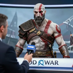 Kratos from god of war being interviewed on the tv news photorealism, news ,stock
