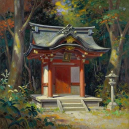 small shinto shrine on the border of fantasy and reality, touhou gensokyo art by oskar schlemmer rembrandt romantic oil on canvas shimmer