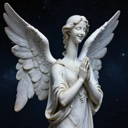 statue of an angel with super long neck horribly smiling and praying. in outer space