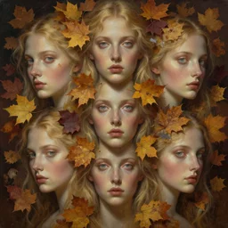 breathtaking detailed concept art painting pattern of blonde goddesses faces blend of autumn leaves, by volegov, bizarre compositions, exquisite detail, extremely moody lighting, 8 k