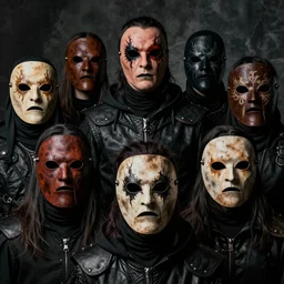 A photo of all Slipknot members masks@depicted as medieval leather masks