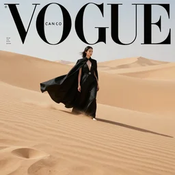 An film still of a futuristic girl wearing black cape in perfect sand dunes featured in Vogue and GQ editorial fashion photography, Anaglyph, tilted 35° frame, dutch angle, beautiful eye, symmetry face, Long shot wide shot full shot, haute couture dressed by Givenchy and Salvatore Ferragamo, Canon EF 85mm f/1.4L IS USM
