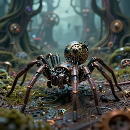 macro photo of an intricate robotic spider, on the background of a weird magical mechanical forest. Round gears visible inside her hear. Very detailed 8k. Fantasy cyberpunk horror. Sharp. Cinematic post-processing