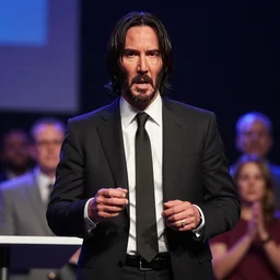 cinematic still of John Wick speaking at a megachurch in John Wick (2009). Joel Osteen ministries. dynamic lighting. shallow depth of field, cinematic