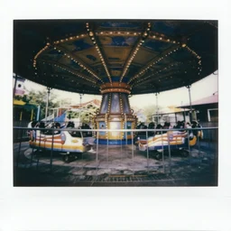 atmospheric polaroid photo of abandoned theme park ride