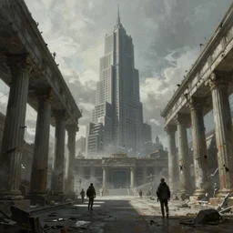 concept art of a cyberpunk plaza with greek pillars and a towering brutalist skyscraper on the horizon, grimy, gritty, trending on artstation, award winning painting, cgi, art by anton fadeev and john howe and simon stalenhag