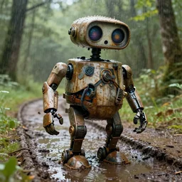 bioshock robot big daddy close up on a muddy track surrounded by woodland, with puddles, in the showering summer morning light, high resolution detailed realistic cinematic matte painting by raphael lacoste, andreas rocha, john harris, and david hocknet