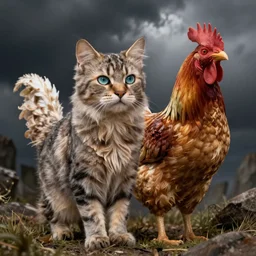cat hybrid with chicken in fantasy art style