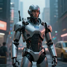 a man inside of a robot suit in a cyberpunk city, photorealistic, 8K, coherent like Dall-E 2