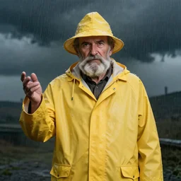 an old man with a beard in an old fashioned yellow rain coat and rain hat. he's telling everyone'there's a storm coming'as a storm is coming in the background. it's already raining. 4 k. portrait. studio lighting. 3 5 mm. nikon.