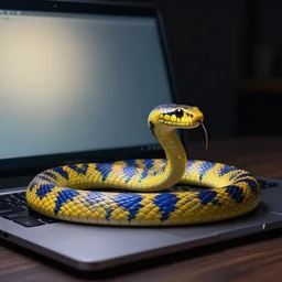 a snake yellow and blue striped, below a laptop screen, head lightened by dim screen light, dark room, hyperdetailed, art by greg rutkowski