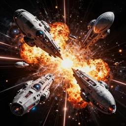 over 1 0 0 alien ships fighting in space, explosions, high contrast, art by mark cooper, 8 k, hyper detailed, hdr, intricate, masterpiece, vibrant colors