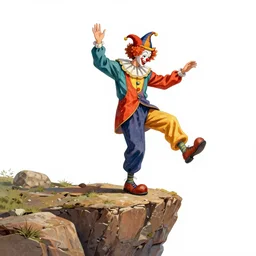 Tarot fool wearing colorful clothes, wearing a hat like a clown, dancing, swaggering, standing on the edge of the cliff, right hand holding a symbol of power scepter, head laurel, left hand holding white roses, distant mountains, small white dog