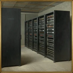 medieval historical painting representing interior of the data center, servers, high quality, hermitage museum catalog,