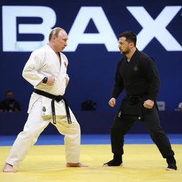 Martial arts match beetween Putin and Zelensky ninja in a movie directed by Christopher Nolan, movie still frame, promotional image, imax 70 mm footage