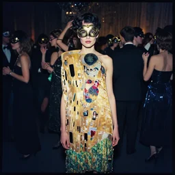 lomography, full body portrait photo of a woman in crowded ballroom masquerade party, wearing a dress designed by gustav klimt, moody, realistic, dark, skin tinted a warm tone, light blue filter, hdr, cinematic, rounded eyes,, detailed facial features