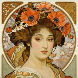 realistic detailed face portrait of a divine geisha with poppies in her elaborate hair by alphonse mucha, ayami kojima, amano, greg hildebrandt, and mark brooks, art nouveau, neo - gothic, gothic