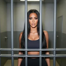 real photo of a kim kardashian lookalike, behind bars. standing in jail cell