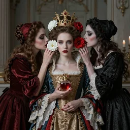 a French Queen is haunted by two servant ghosts who whisper in her ear, red and white flowers, perfume, baroque, queer