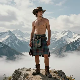 a homoerotic portrait by greg rutkowski and albert bierstadt and bill ward of a buff shirtless desi hiker on a mountain peak | he is wearing a revealing tartan kilt, cowboy hat, and leather boots | background is snowy mountains and clouds | detailed face, ethereal, dreamlike | trending on artstation