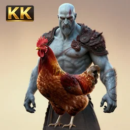 hybrid chicken that's mostly kratos, digital art, cold hue's, warm tone gradient background, 8 k
