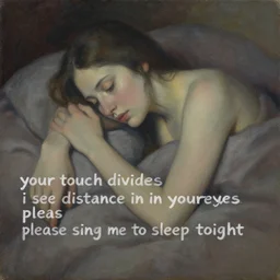 a realistic surrealist oil painting that depict the lyrics : your touch divides i see distance in in your eyes please sing me to sleep tonight